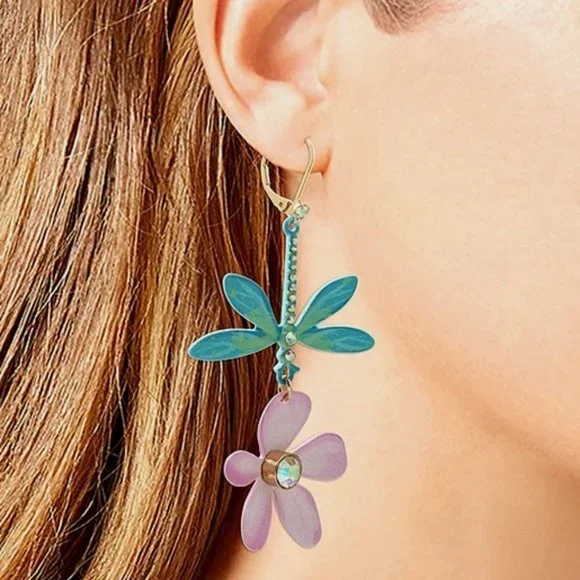 Betsey Johnson Dragonfly and Flower Mismatch Drop Earrings Gold Pink Blue NWT - Picture 2 of 7